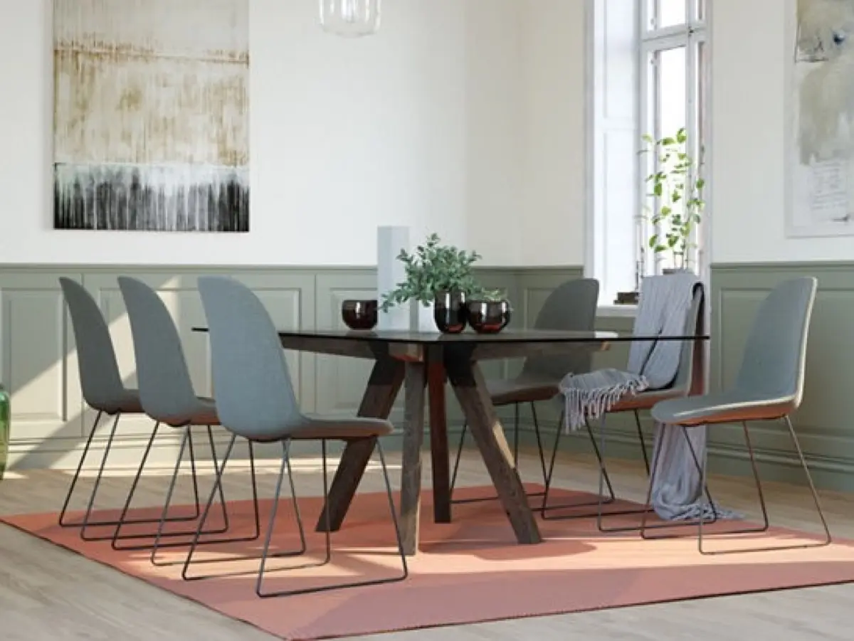Lambris peint en vert de gris, sol vinyle aspect bois et tapis